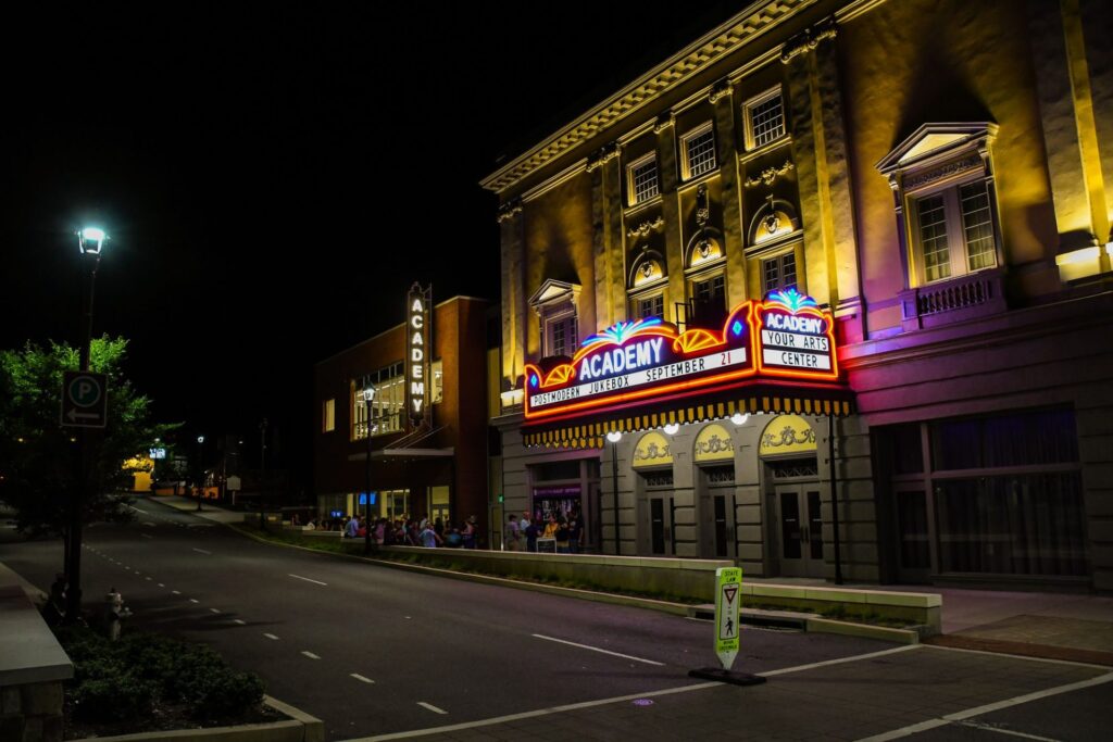 The renovated and restored exterior of the Academy Center of the Arts in downtown Lynchburg, Virginia